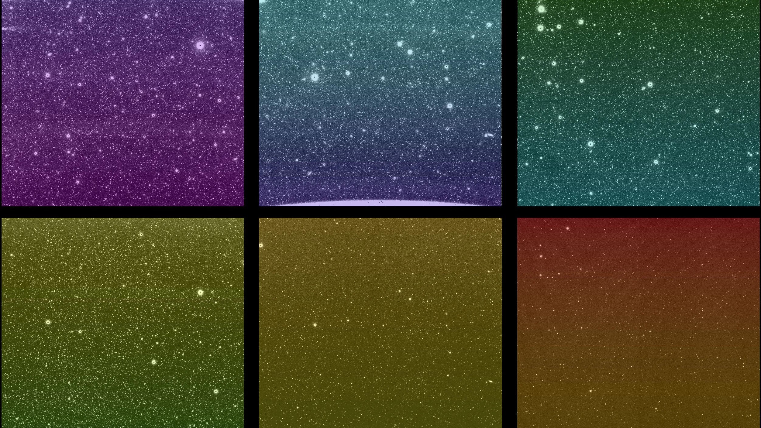 SPHEREx's complete field of view spans the top three images, the same region of sky is captured in different wavelengths in the bottom three.