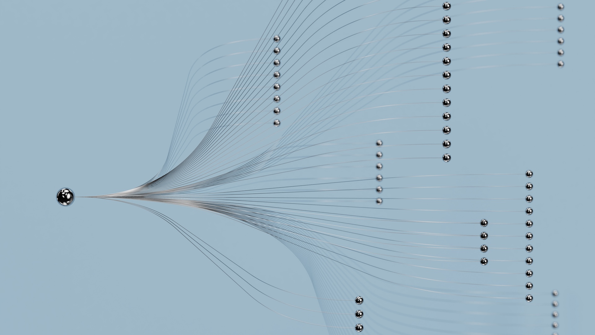 An abstract illustration showing a silvery material branching off into many different paths