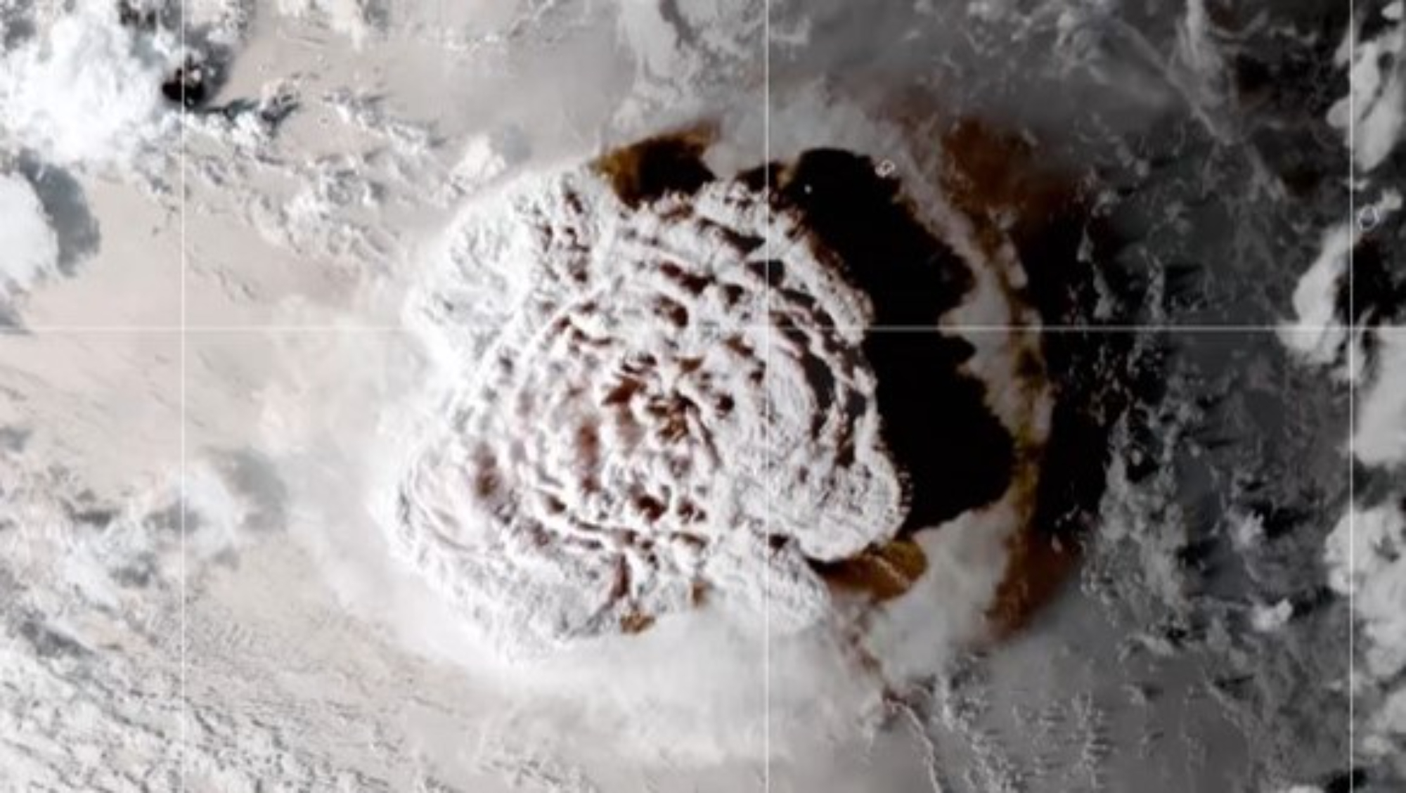 the tonga eruption, with a mushroom formation, as seen from space 