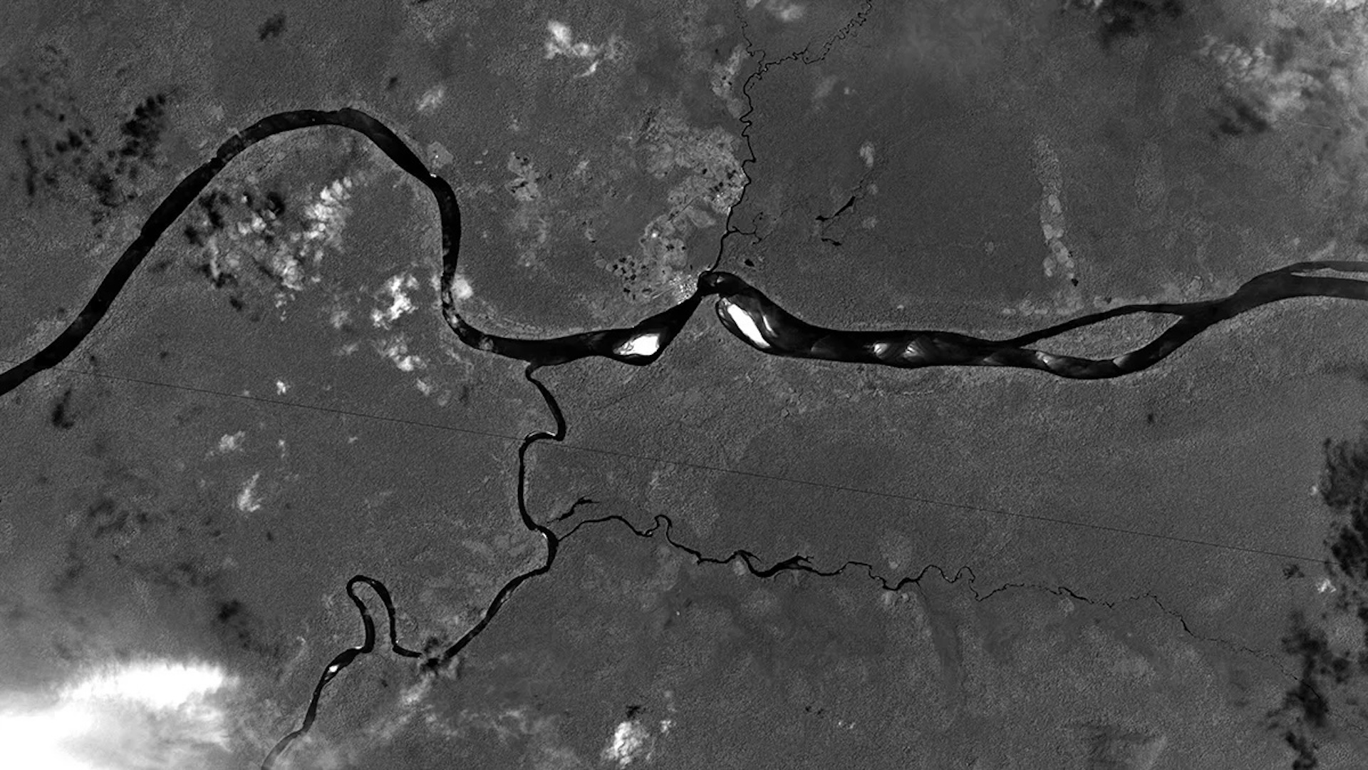 an aerial view of a river