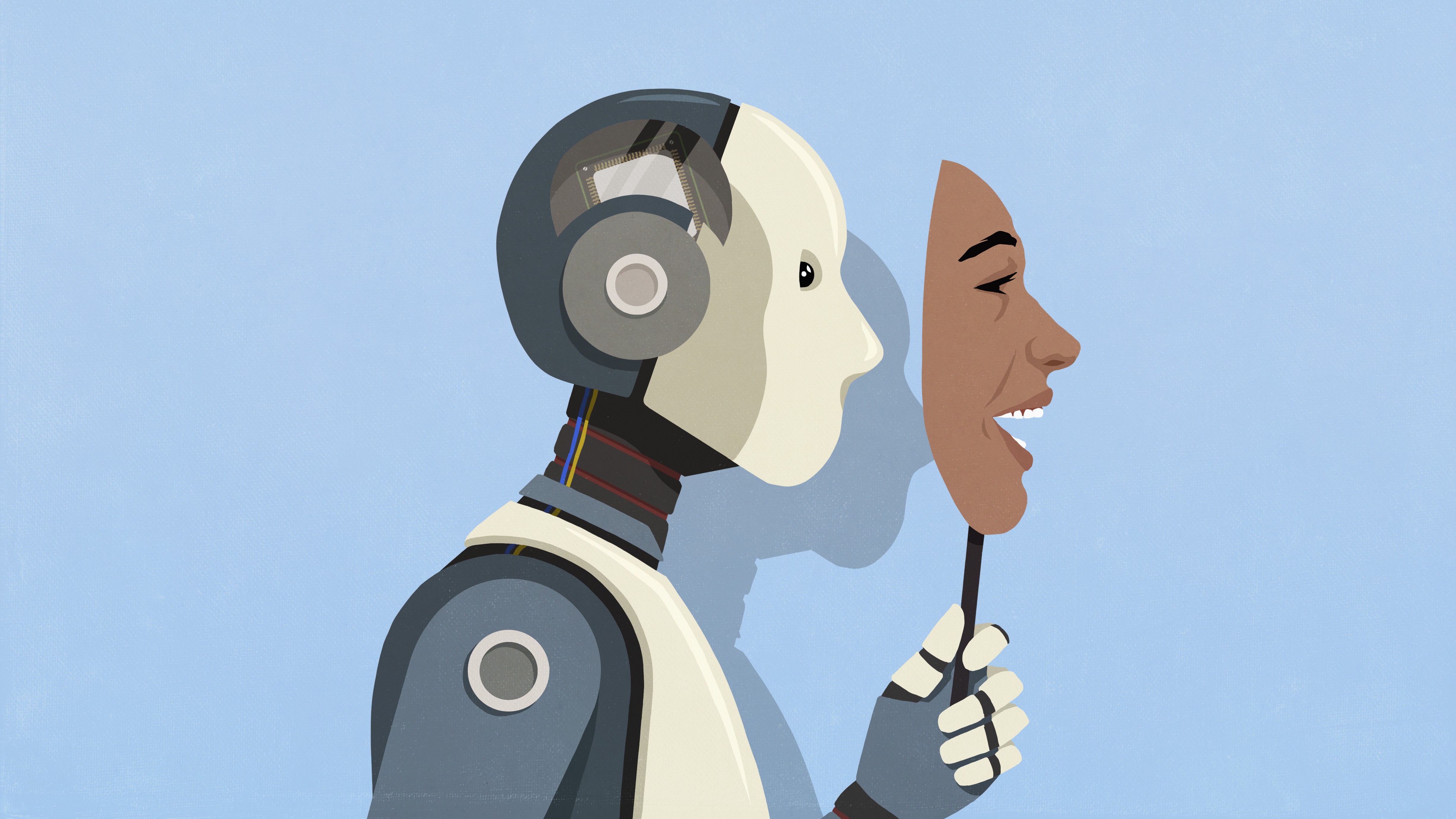 An illustration of a robot holding up a mask of a smiling human face. 