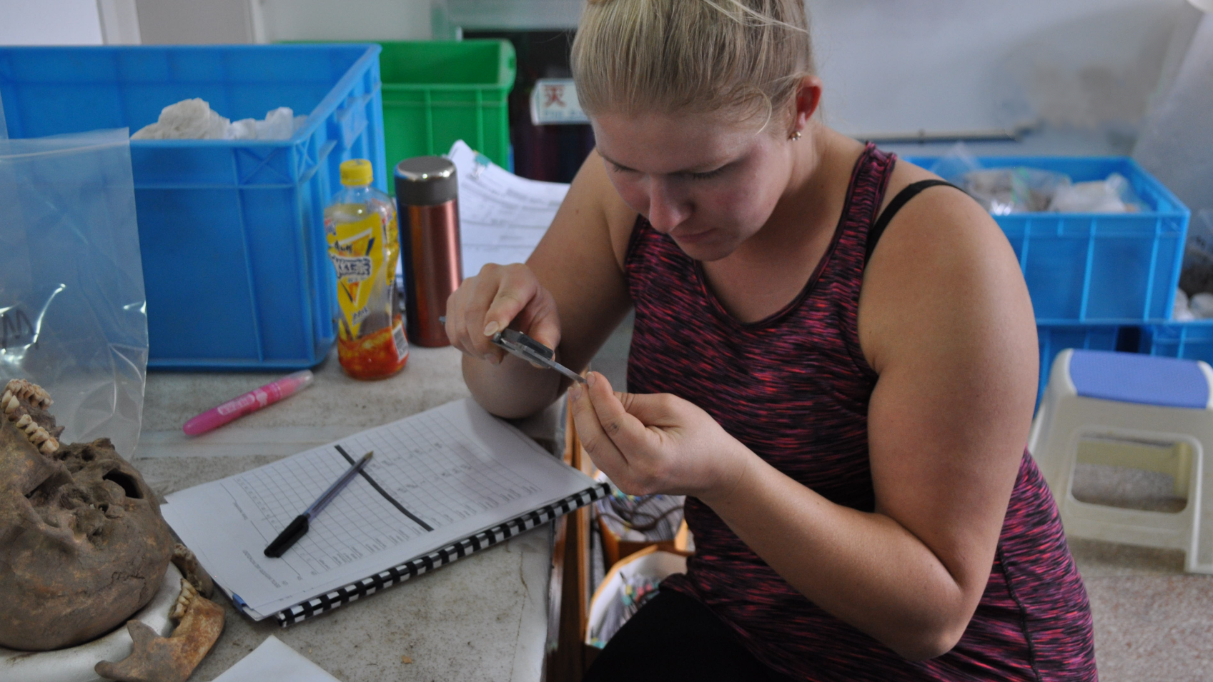 A white woman with blonde hair uses metal calipers to measure a human bone. She is in a field lab with boxes and a table.